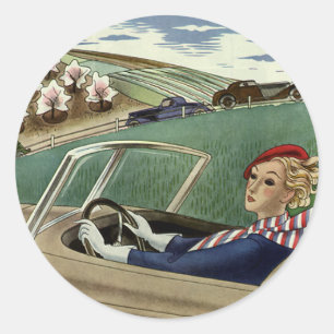 Reise im Vintage-Stil, elegante Frau im Cabrio Runder Aufkleber