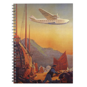 Reise im Vintage-Stil, Flugzeug über Dschunken in Notizblock