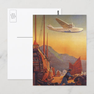 Reise im Vintage-Stil, Flugzeug über Dschunken in Postkarte