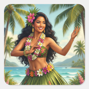 Reise im Vintage-Stil Hawaiian Hula Girl Quadratischer Aufkleber