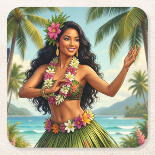 Reise im Vintage-Stil Hawaiian Hula Girl Rechteckiger Pappuntersetzer