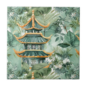 Reise in den vintage asiatischen Pagodenwald Fliese