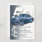 Reise-Klassik-Blau-Auto wird 50 Jahre alt Einladung (Vorderseite)