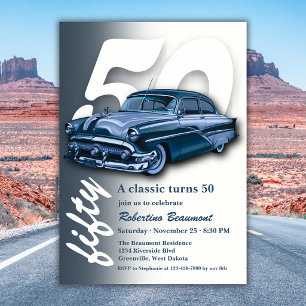 Reise-Klassik-Blau-Auto wird 50 Jahre alt Einladung