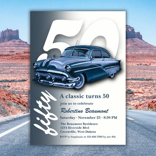 Reise-Klassik-Blau-Auto wird 50 Jahre alt Einladung