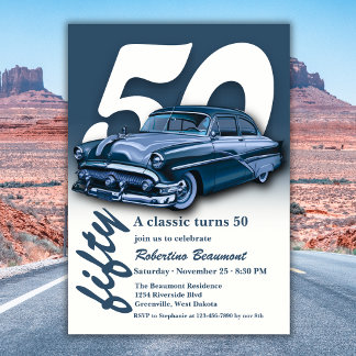 Reise-Klassik-Blau-Auto wird 50 Jahre alt Einladung