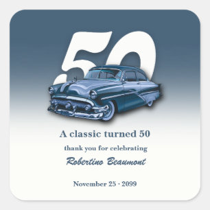 Reise Klassisch Blaues Auto wird 50 Jahre alt Quadratischer Aufkleber