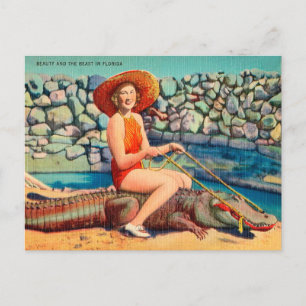 Reise mit Vintage-Florida-Alligator und Frau Postkarte