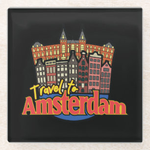 Reise nach Amsterdam Niederlande Logo im Vintage-S Glasuntersetzer