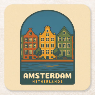 Reise nach Amsterdam Niederlande Retro Landschaft  Rechteckiger Pappuntersetzer