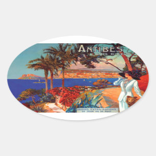 Reise nach Antibes Côte d'Azur im Vintage-Stil Ovaler Aufkleber