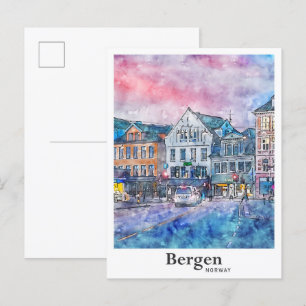 Reise nach Bergen Norwegen Aquarell-Skizze Handgez Postkarte