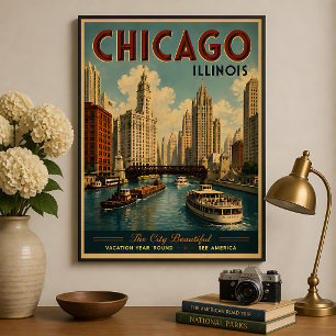 Reise nach Chicago Illinois im Vintage-Stil  Poster