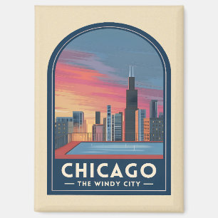 Reise nach Chicago im Vintage-Look - Sonnenunterga Magnet