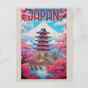 Reise nach Japan Pagode Kirschblüten Vintage Postkarte