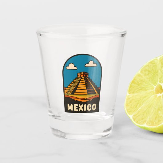 Reise nach Mexiko Azteken-Pyramide Retro-Szene Schnapsglas (Vorderseite)