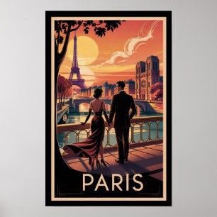 Reise nach Paris Paar und Eiffelturm Vintage Poster