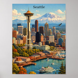 Reise nach Seattle Washington Skyline Blick Vintag Poster