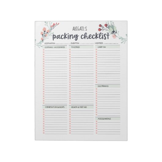 Reise Packliste Floral Notizblock (Rotiert)