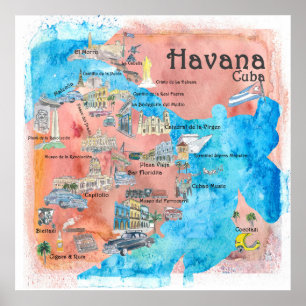 Reise-Plakat-Karte Havanas Kuba illustrierte Poster