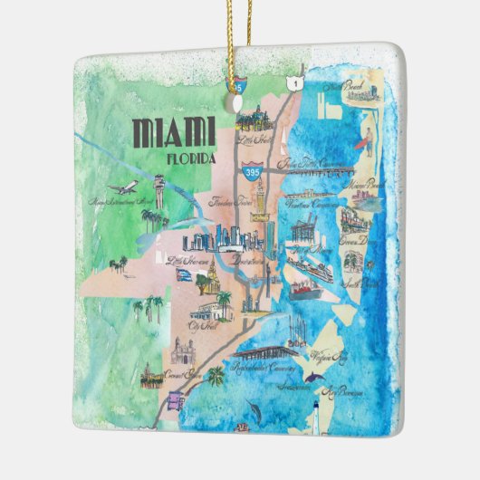 Reise-Plakat-Karte USA Florida mit Höhepunkten und Keramikornament (Links)