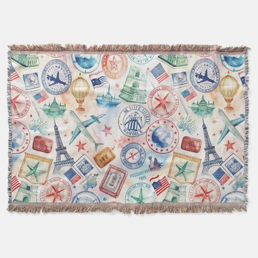 Reise-Stempel-Muster im Vintage-Stil (3) Decke (Vorderseite)