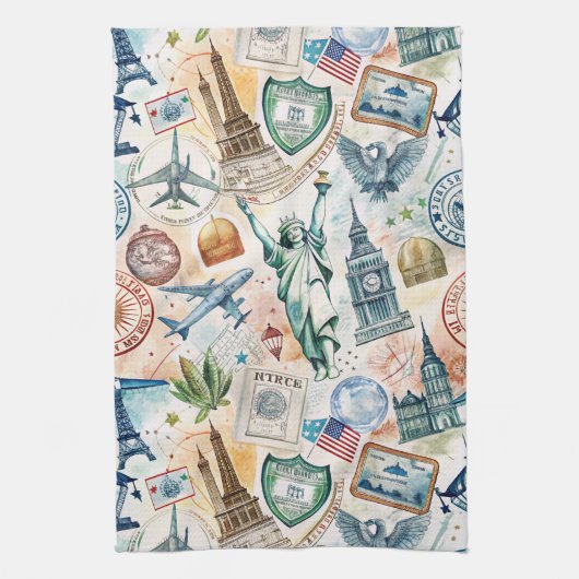 Reise-Stempel-Muster im Vintage-Stil (6) Geschirrtuch (Vertikal)