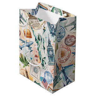 Reise-Stempel-Muster im Vintage-Stil (6) Mittlere Geschenktüte
