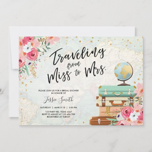 Reise Thema Brautdusche Einladung Miss zu Frau. (Vorderseite)