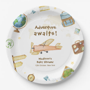 Reise um die Welt Flugzeug Baby Shower Pappteller