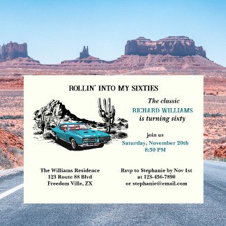 Reise Vintage Auto Wüste 60. Geburtstagsfeier Einladung
