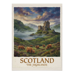 Reise-Vintage-Bild der schottischen Highlands Poster
