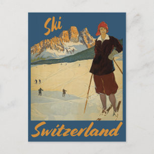 Reise Vintage Skifahren Schweiz Schweizer Alpen Postkarte