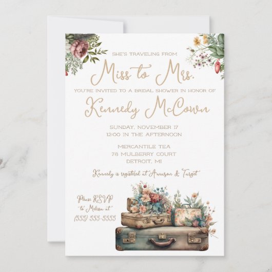 Reise von Miss zu Frau Vintager Gepäck Einladung (Vorderseite)