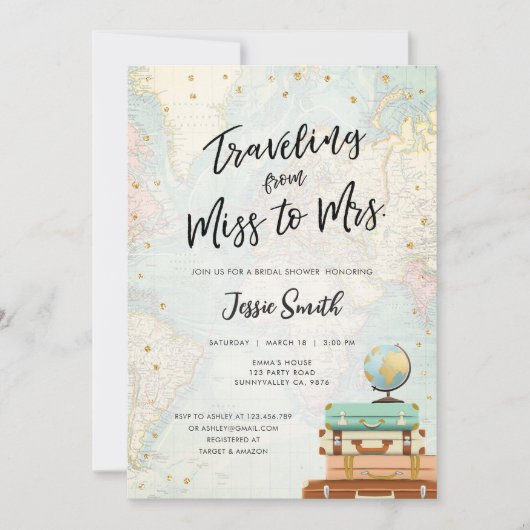 Reise von Miss zu Mrs. Adventure Brautparty Einladung (Vorderseite)