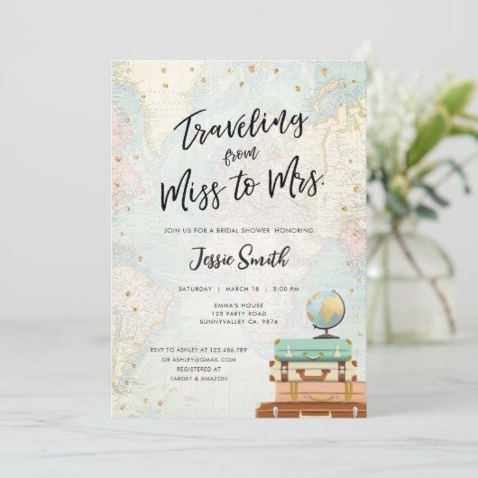 Reise von Miss zu Mrs. Adventure Brautparty Einladung (Stehend Vorderseite)