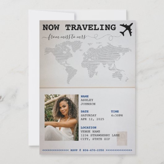 Reise von Miss zu Mrs. Passport Brautparty Einladung (Rückseite)