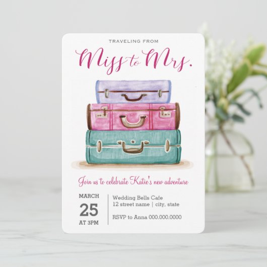 Reise von Miss zu Mrs. Pink Brautparty Einladung (Stehend Vorderseite)