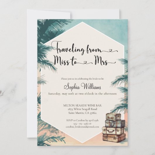 Reise von Miss zu Mrs. Tropical Brautparty Einladung (Vorderseite)