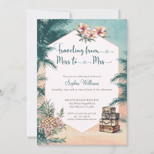 Reise von Miss zu Mrs. Tropical Brautparty Einladung (Vorderseite)