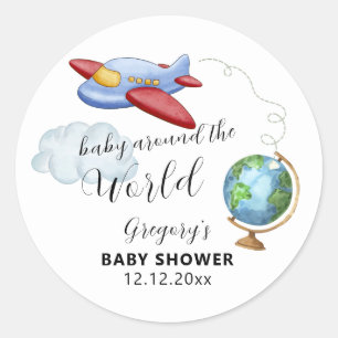 Reise Weltkarte Flugzeug Jungen Baby Shower Runder Aufkleber