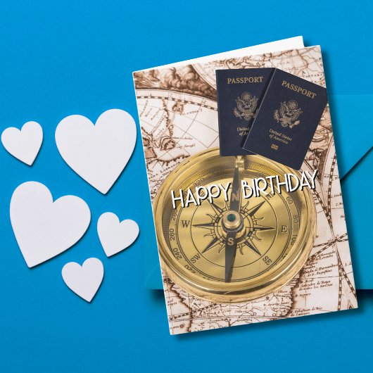 Reise, Weltkarte, Reisepass, Compass, Geburtstag Karte