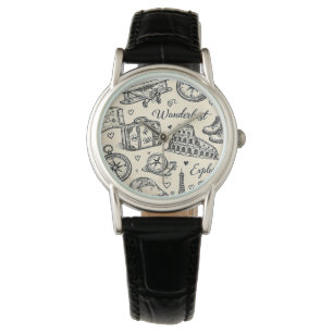 Reiseabenteuer im Vintage-Stil Nahtloses Muster Armbanduhr