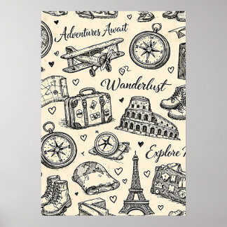 Reiseabenteuer im Vintage-Stil Nahtloses Muster Poster