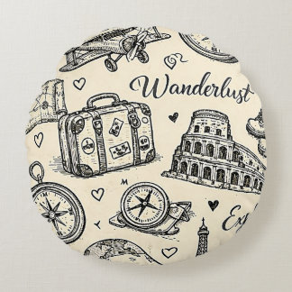 Reiseabenteuer im Vintage-Stil Nahtloses Muster Rundes Kissen