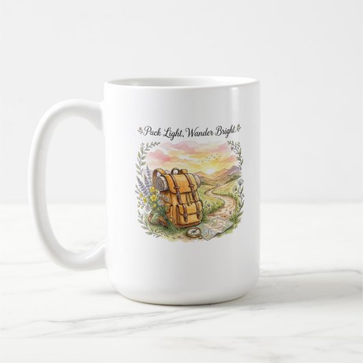 Reiseabenteuer-Zitat 'Pack Light Wander Bright' Kaffeetasse (Links)