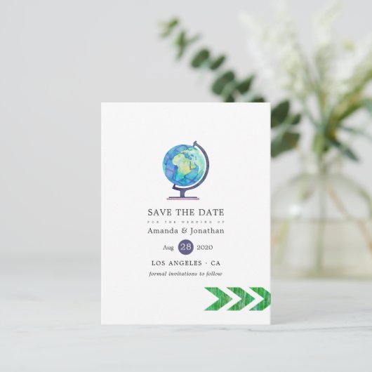 Reiseabenteuerpass Hochzeit Sichern des Datums Ankündigungspostkarte (Stehend Vorderseite)