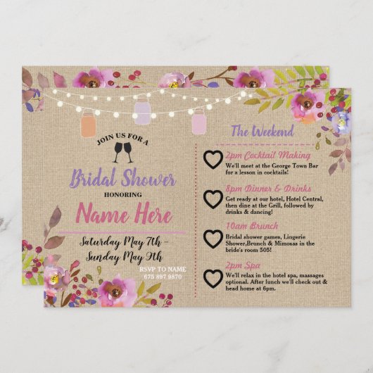 ReiseBrautparty-Blumenglas-rosa Holz Einladung (Vorne/Hinten)