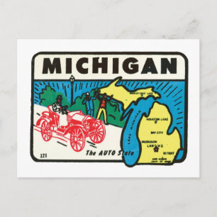 Reiseetikett Michigan MI Auto State Vintage Postkarte