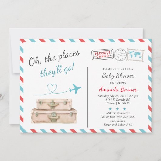 Reiseflugzeug Twin Baby Dusche Sprinkle Red Blue Einladung (Vorderseite)